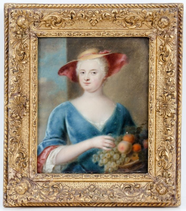 Bildnismaler des 18. Jahrhunderts - Rokoko-Dame mit Fruchtkorb - Öl/Kupfer. 21 x 17 cm. Auf - Image 2 of 2
