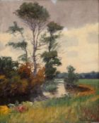 Robert Stratmann 1877 Hannover - 1950 Münster - Sommerliche Flusslandschaft - Öl/Hartfaser.