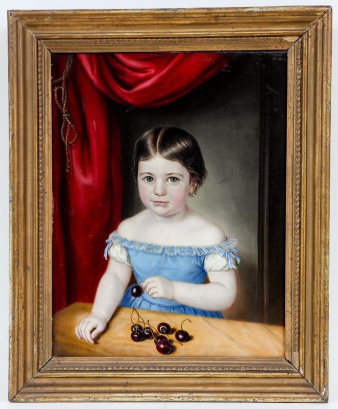 Bildnismaler des Biedermeier - Mädchen in blauem Kleid mit Kirschen - Öl/Lwd. 42 x 32,5 cm. - Image 2 of 2