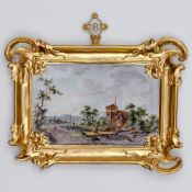 Tableau / Porzellanbild Fürstenberg, um 1771. - Weitläufige Landschaftsdarstellung mit Fluß,