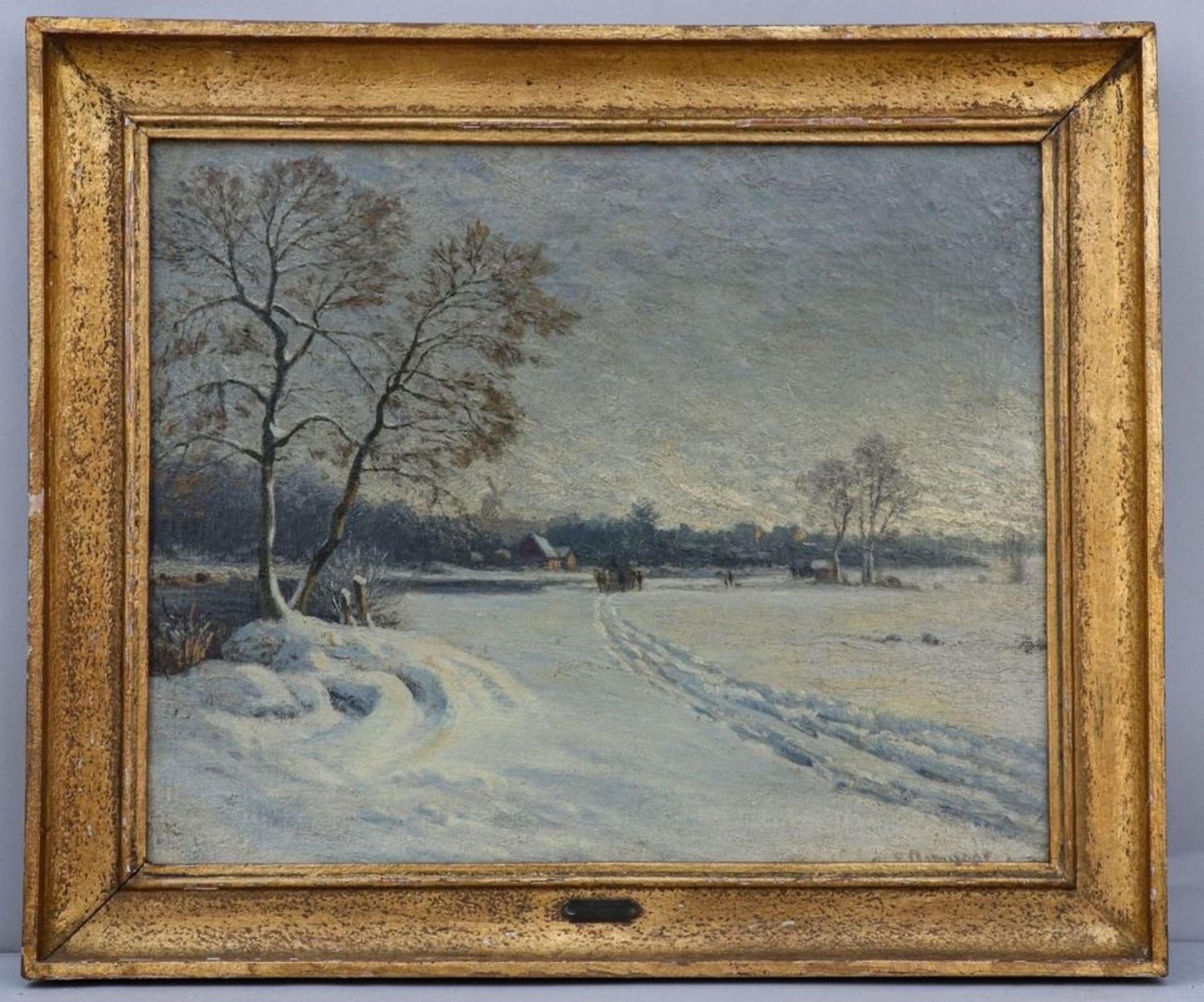 Anton Asmussen 1857 Flensburg - 1904 Hamburg - "Winterabend" - Öl/Hartfaser. 48,5 x 58,8 cm. - Bild 2 aus 3