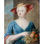 Bildnismaler des 18. Jahrhunderts - Rokoko-Dame mit Fruchtkorb - Öl/Kupfer. 21 x 17 cm. Auf