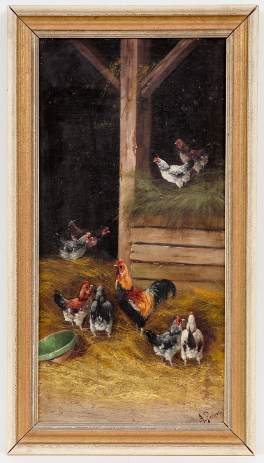 Alfred Prehn Künstler des 19./20. Jahrhunderts - Hühner im Heu - Öl/Lwd. 63 x 31,3 cm. Sig - Image 3 of 5