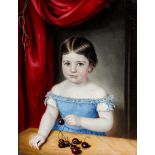 Bildnismaler des Biedermeier - Mädchen in blauem Kleid mit Kirschen - Öl/Lwd. 42 x 32,5 cm.