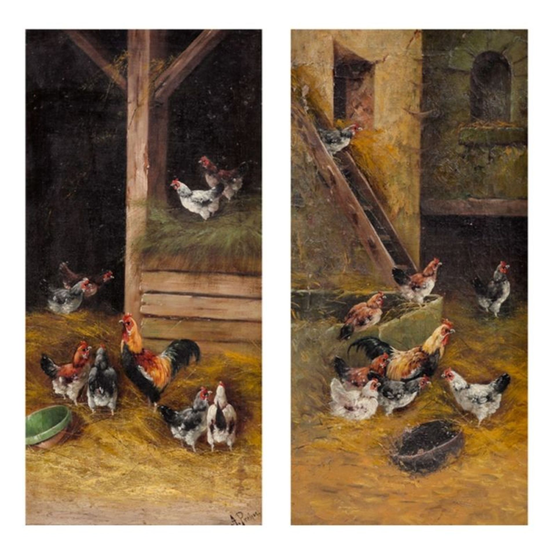 Alfred Prehn Künstler des 19./20. Jahrhunderts - Hühner im Heu - Öl/Lwd. 63 x 31,3 cm. Sig