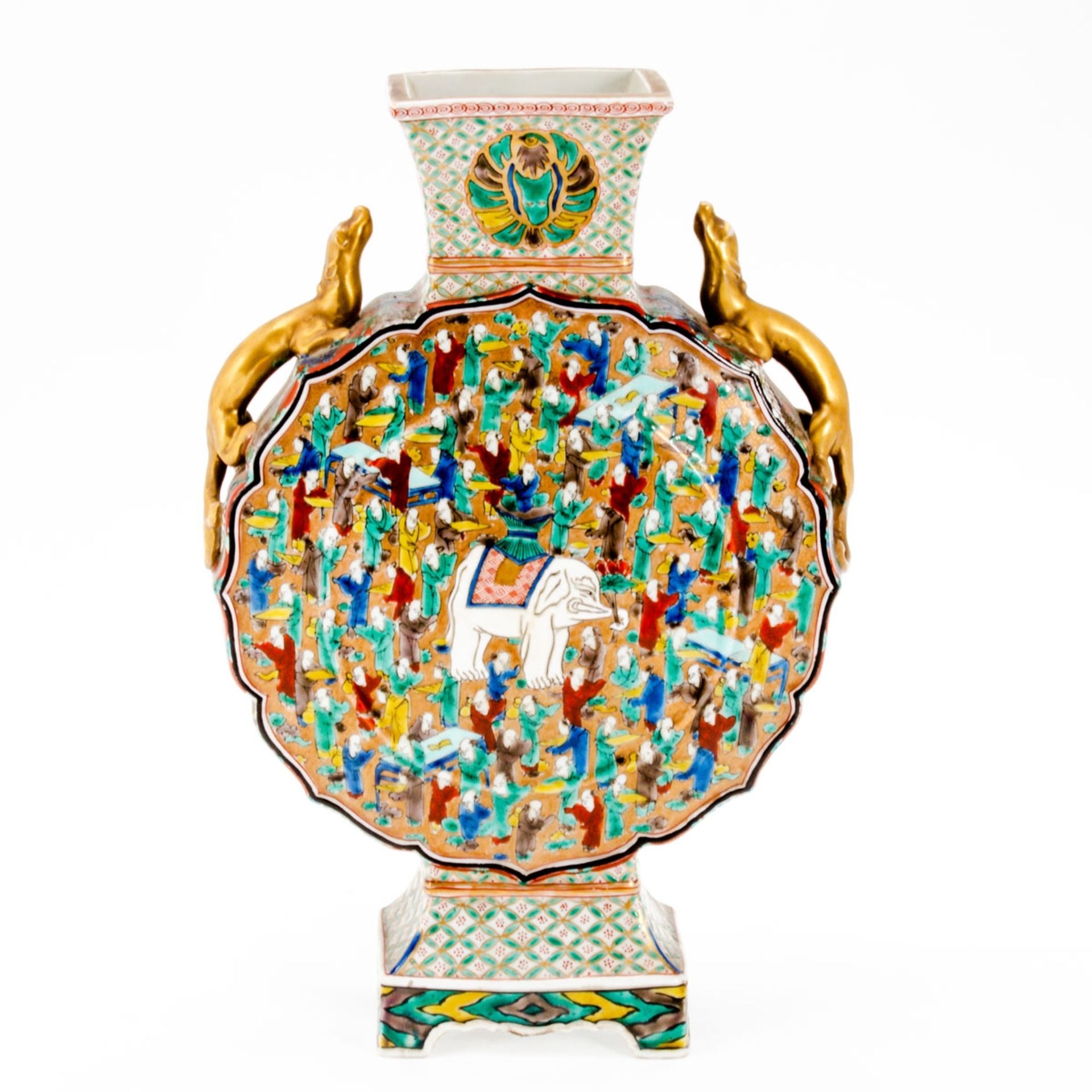 Pilgerflasche China, späte Qing-Dynastie. Porzellan, weiß, glasiert. Polychrome Aufglasurbe