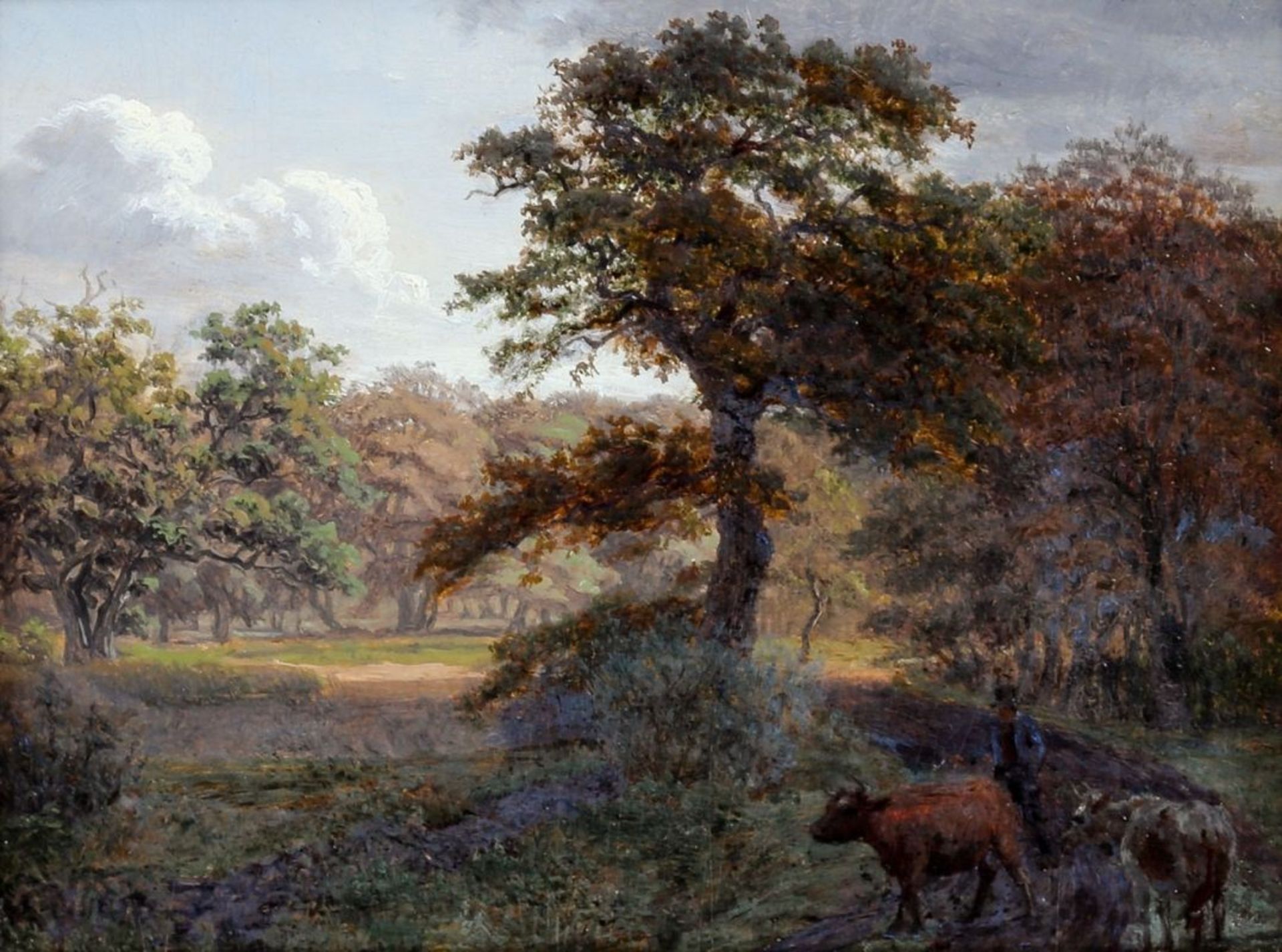 Gotfred Rump 1816 Hillerød - 1880 - Frühherbstlicher Wald mit Viehtreiber - Öl/Holz. 15 x