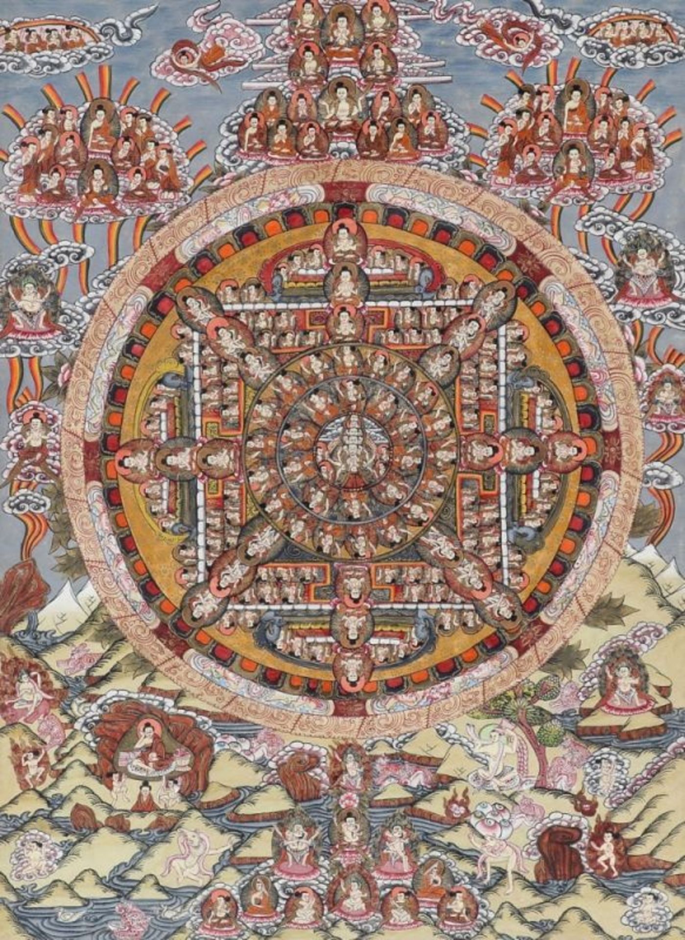 Thangka Tibet, Anfang 20. Jahrhundert. - Mandala mit Avalokiteshvara - Gouache und Goldfarbe/