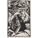 Erich Heckel 1883 Döbeln - 1970 Radolfzell - "Kniende am Stein" - Holzschnitt/Papier. 50 x 3