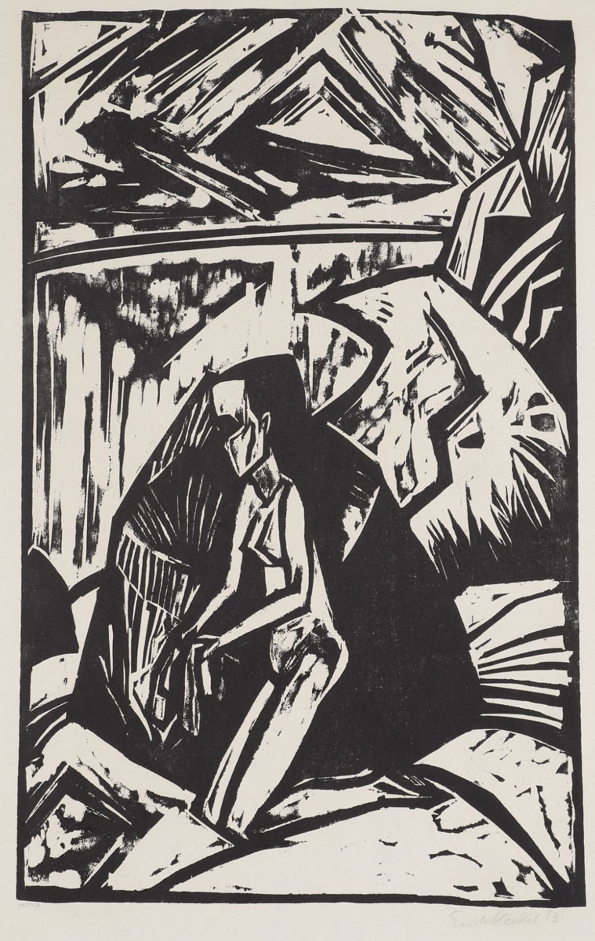 Erich Heckel 1883 Döbeln - 1970 Radolfzell - "Kniende am Stein" - Holzschnitt/Papier. 50 x 3