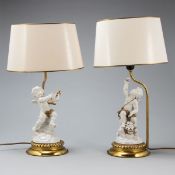 2 Tischlampen mit Putto mit Lyra und mit Putto mit Früchtekorb