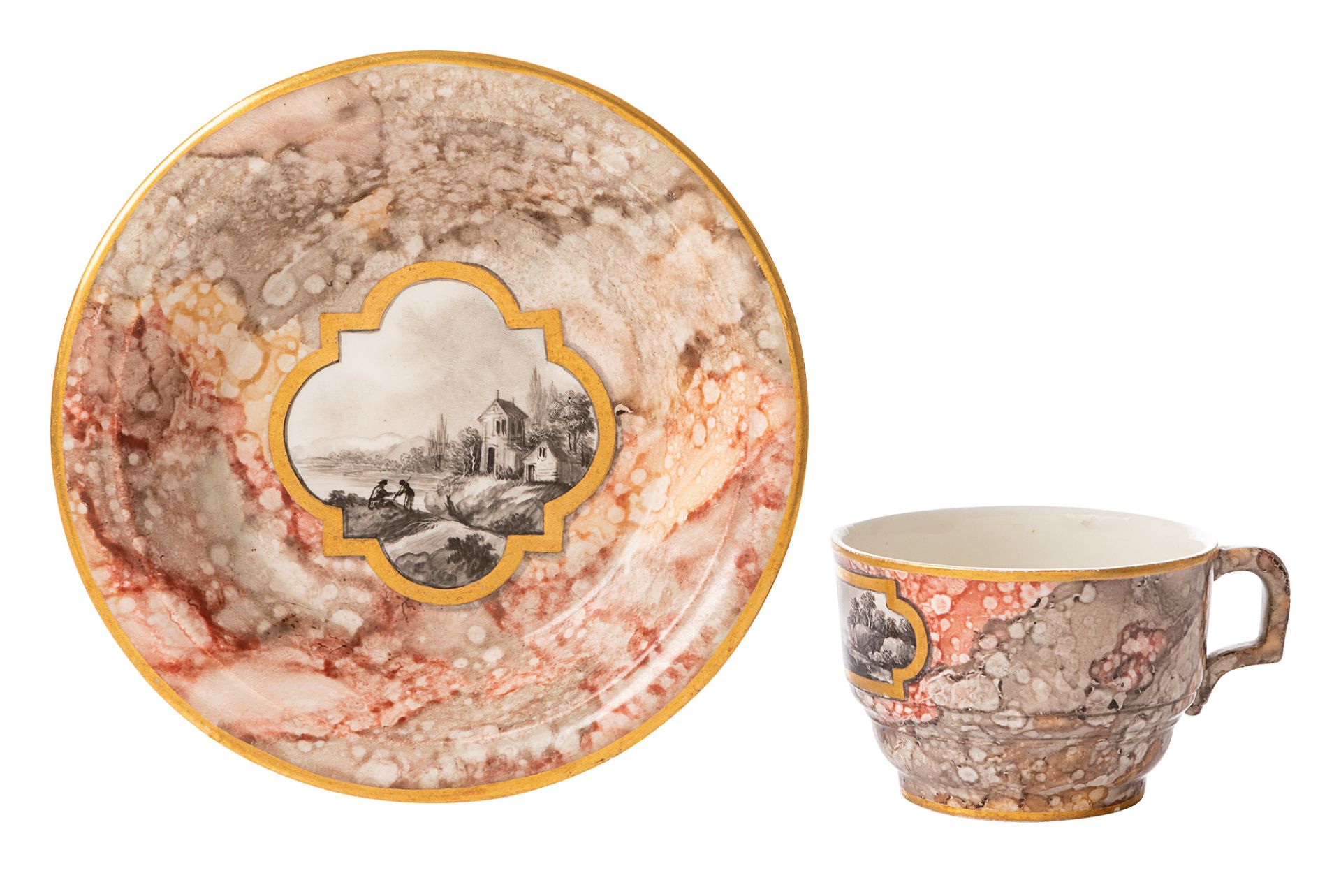 Cup and saucer with trompe-l'œil marble and landscape scenes - Image 2 of 4