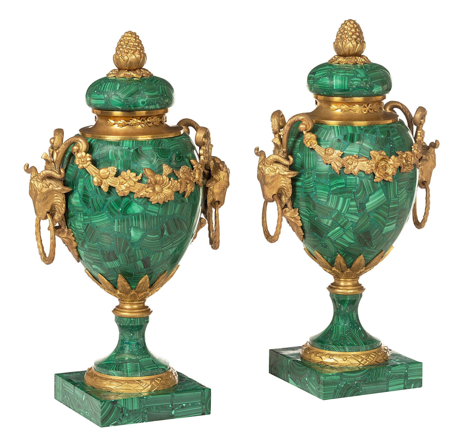 Pair of malachite vases in the style of French Early Classicism