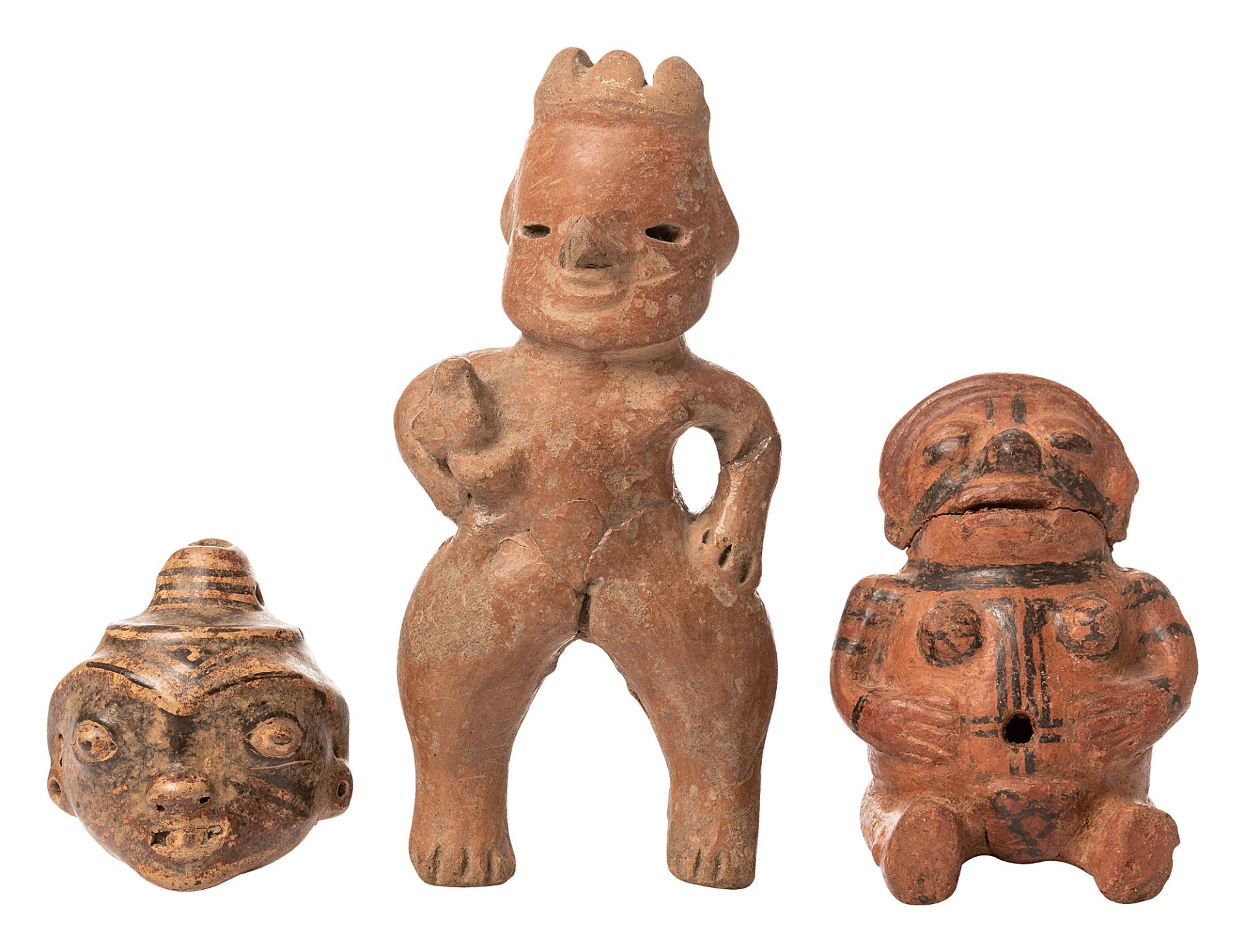 Collection of a head-shaped ocarina, a standing and sitting female figure