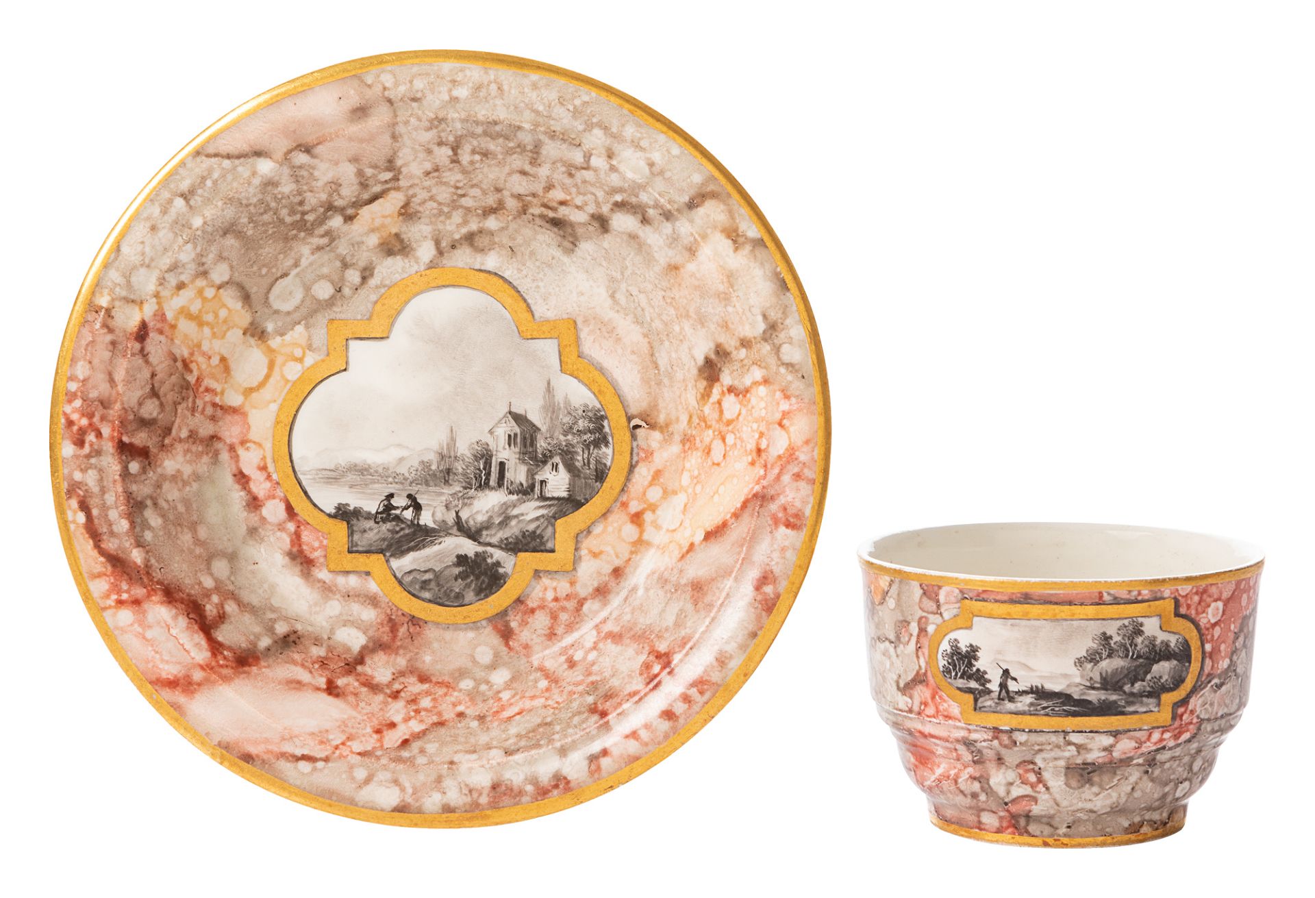 Cup and saucer with trompe-l'œil marble and landscape scenes