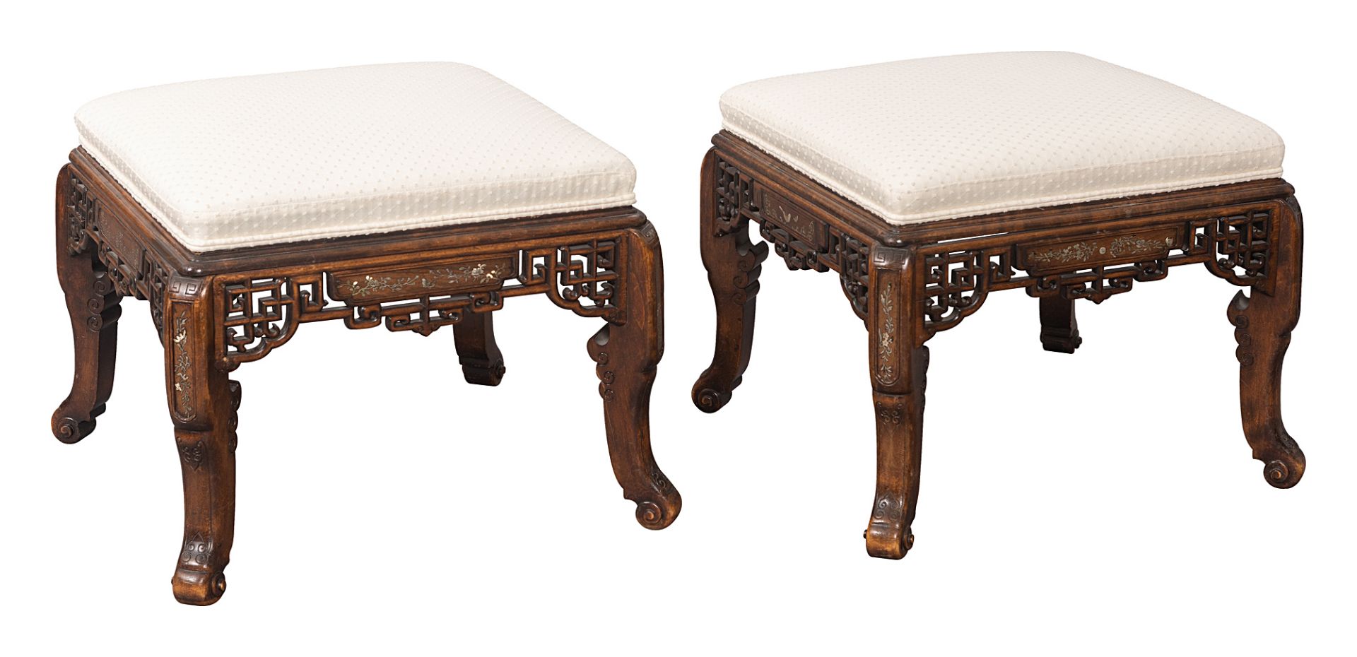 Pair of stools with mother-of-pearl intarsia