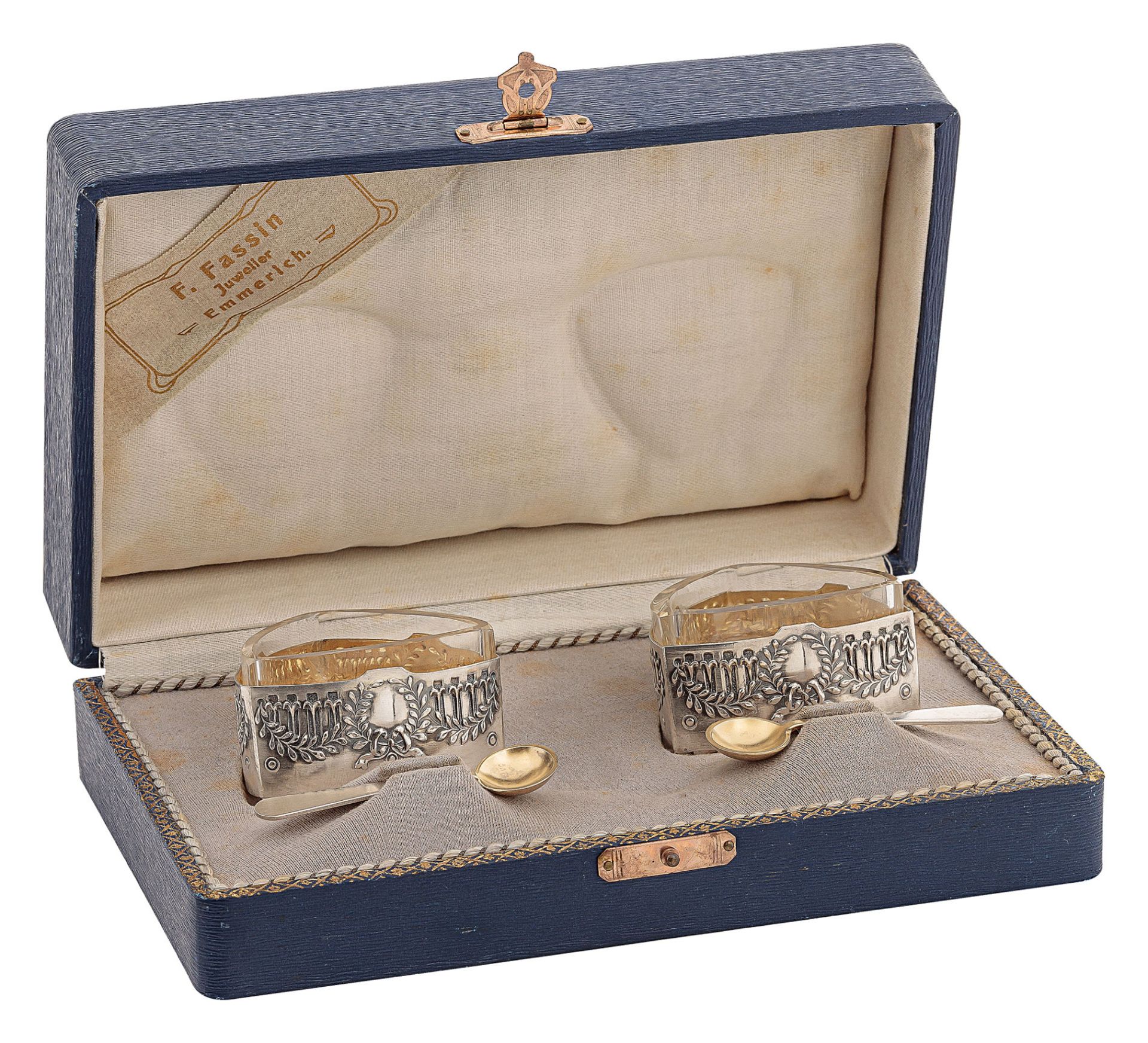 Pair of spice vessels with spoons in box