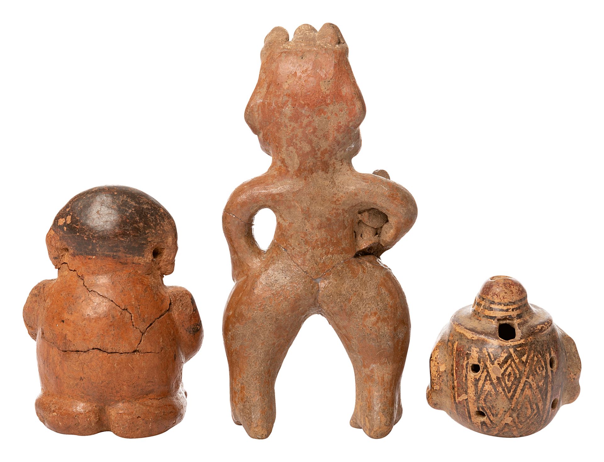Collection of a head-shaped ocarina, a standing and sitting female figure - Image 2 of 2