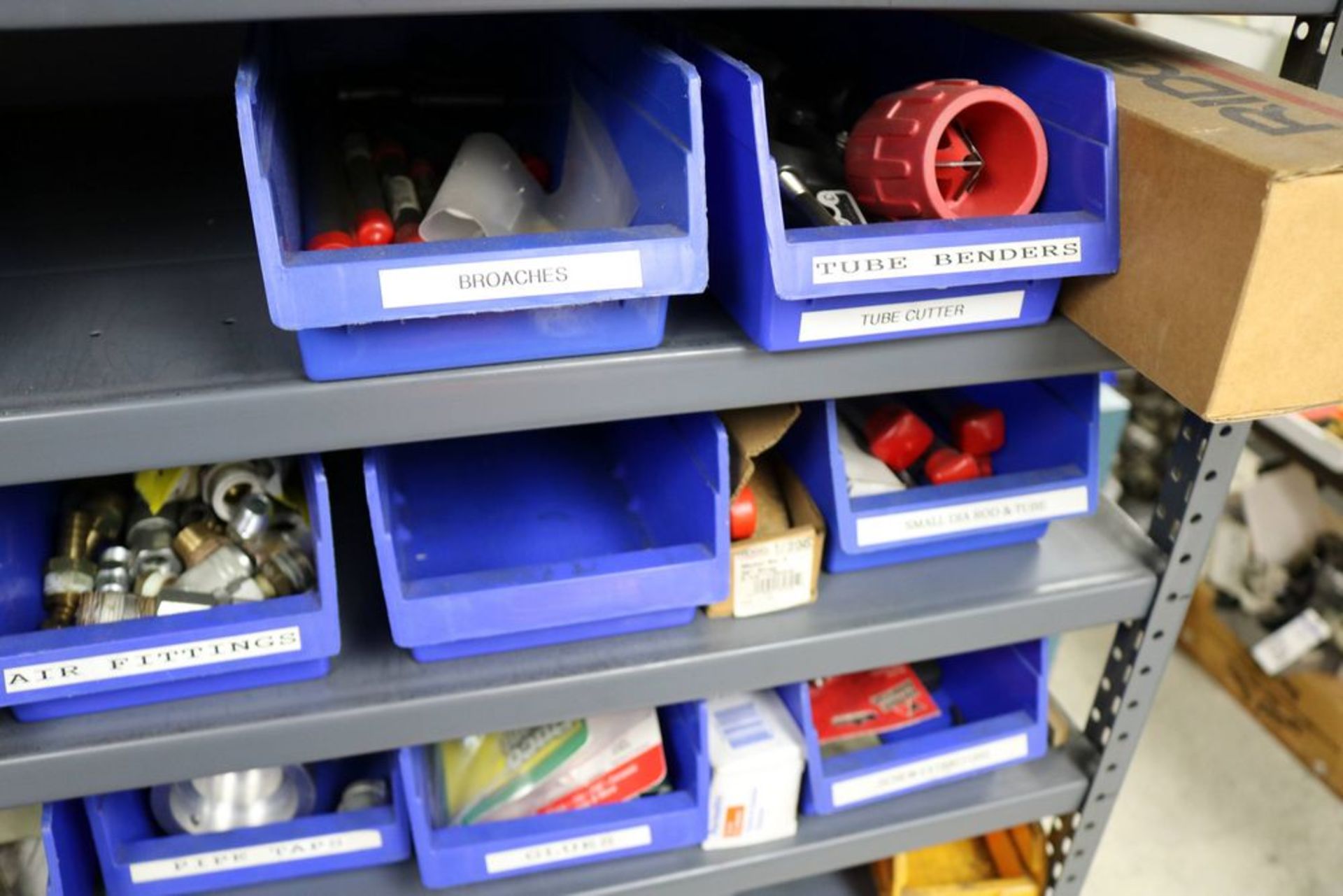 13 Tier Steel Shelf with Organizer Bins full of Various Items, Drills, Tap Handles, Air Fittings and - Image 6 of 15