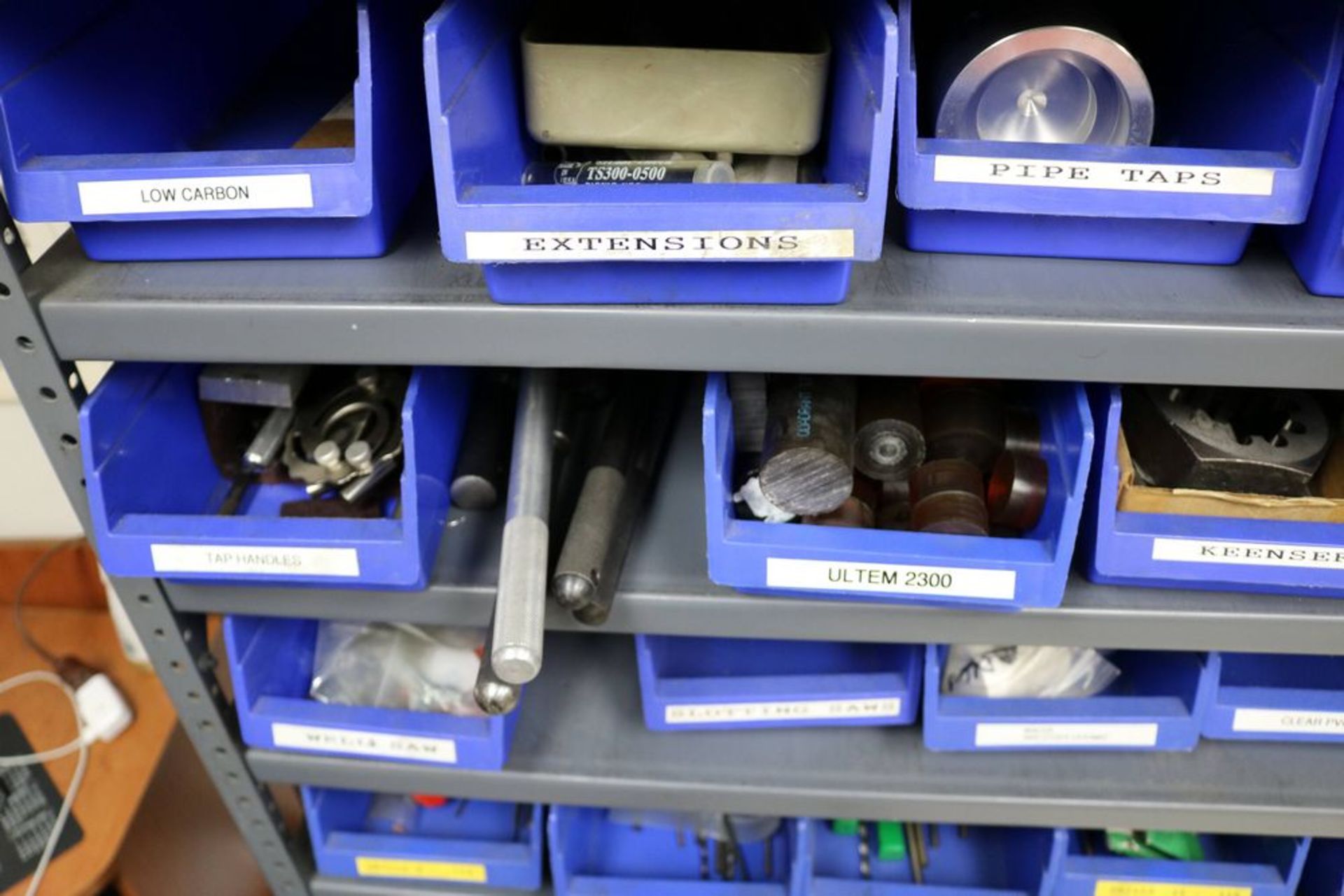 13 Tier Steel Shelf with Organizer Bins full of Various Items, Drills, Tap Handles, Air Fittings and - Image 7 of 15