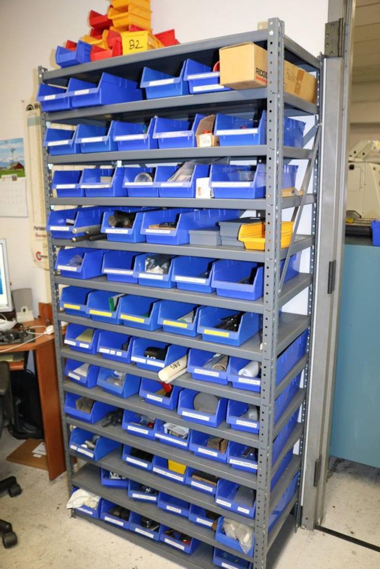 13 Tier Steel Shelf with Organizer Bins full of Various Items, Drills, Tap Handles, Air Fittings and