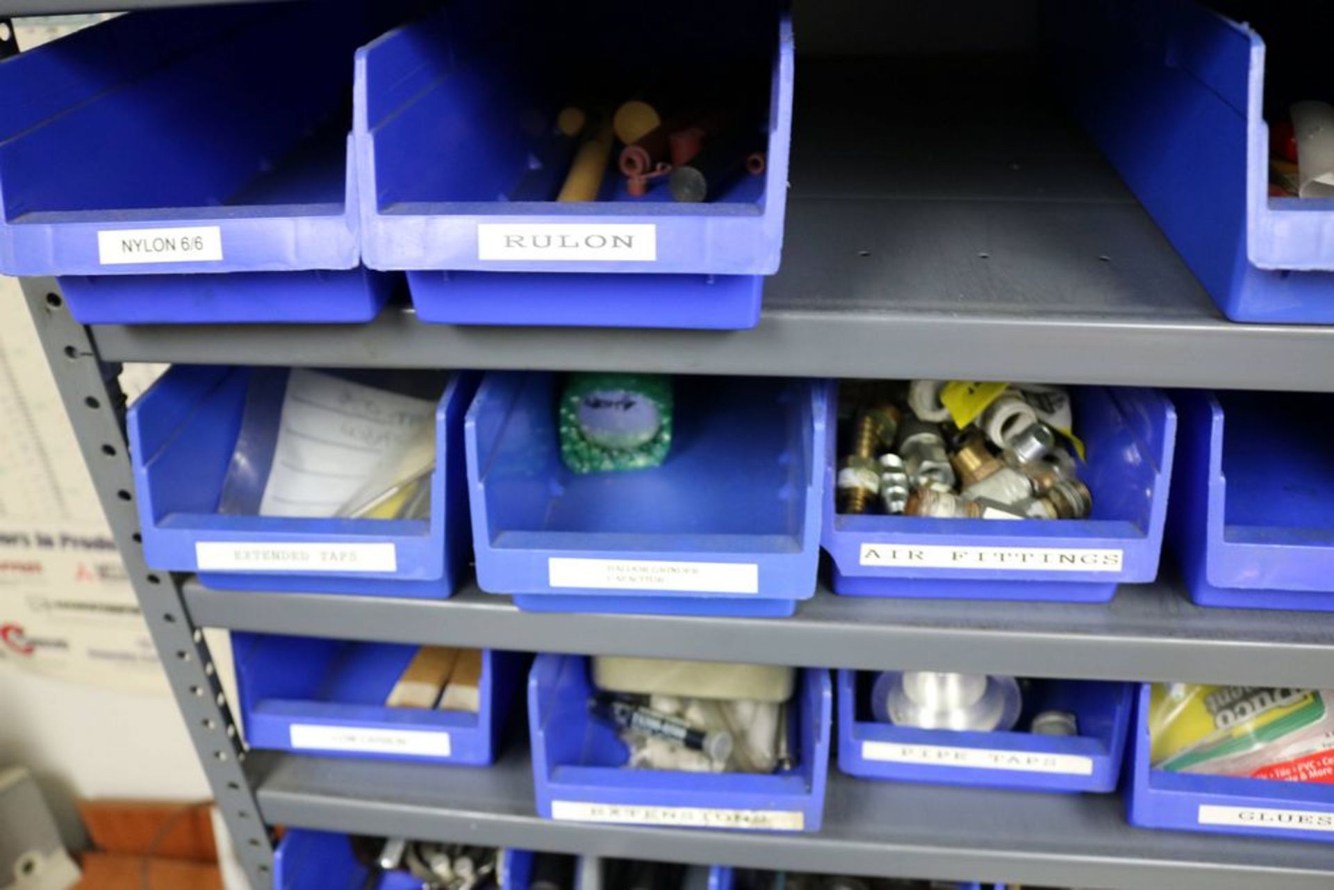 13 Tier Steel Shelf with Organizer Bins full of Various Items, Drills, Tap Handles, Air Fittings and - Image 5 of 15