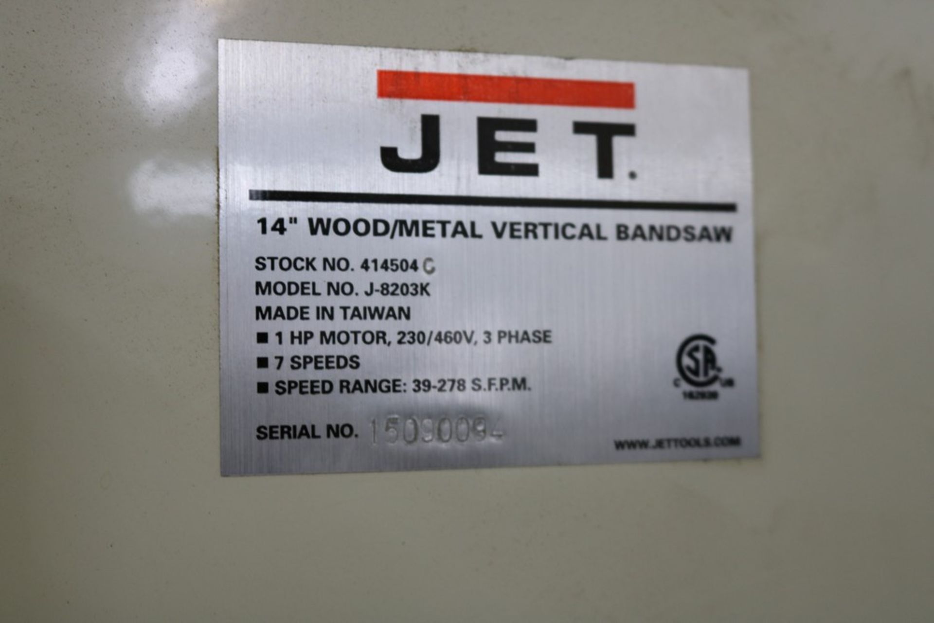 Jet 14" Vertical Band Saw Model J-8203K, 1 HP, 7 Speed, Blade Length: 92-1/2, Blade Size: 3/8 x .025 - Image 4 of 4