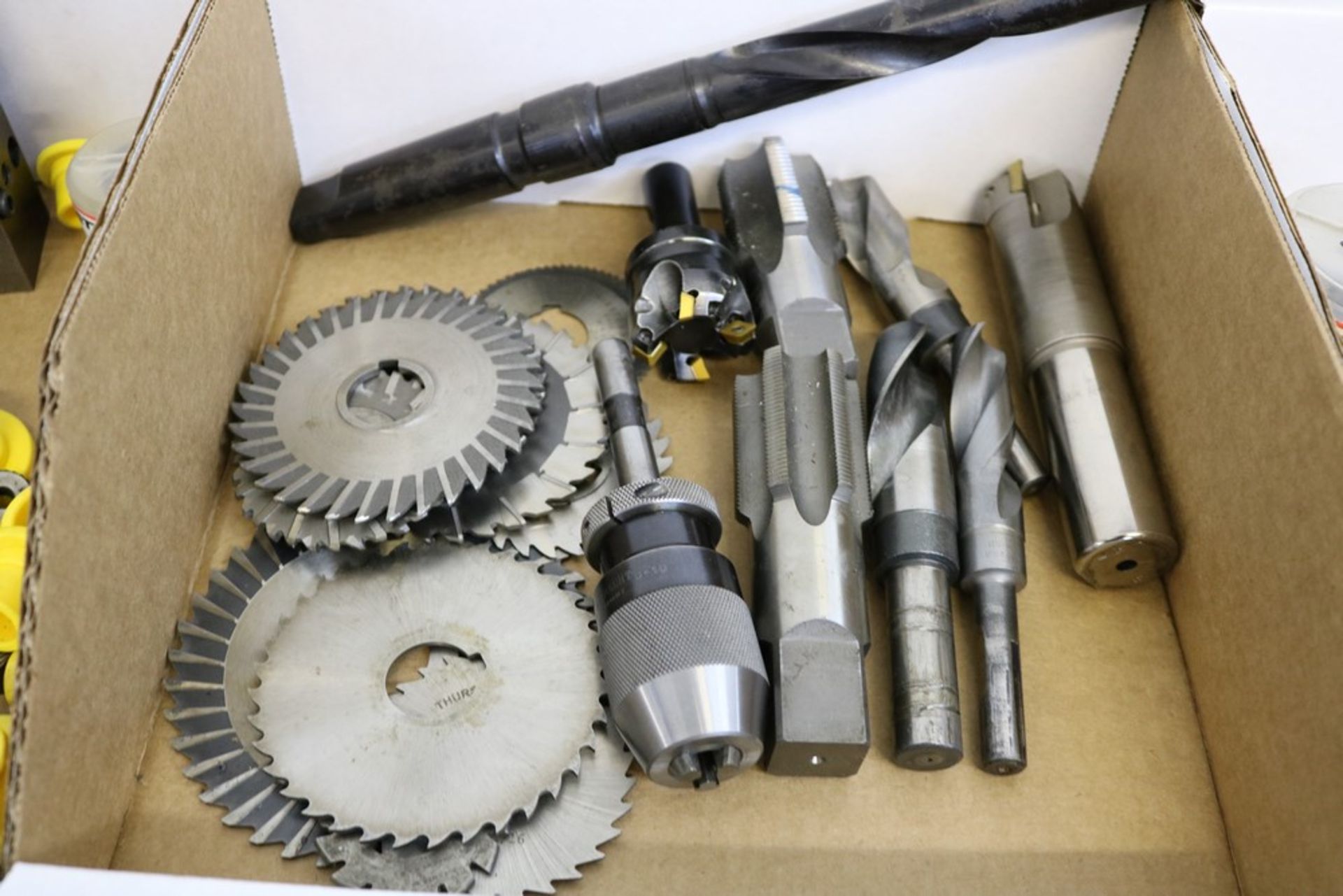 Box of Various Taps, Drills, Facemill, Insert Endmill, Milling Cutters, Through Coolant Drill and