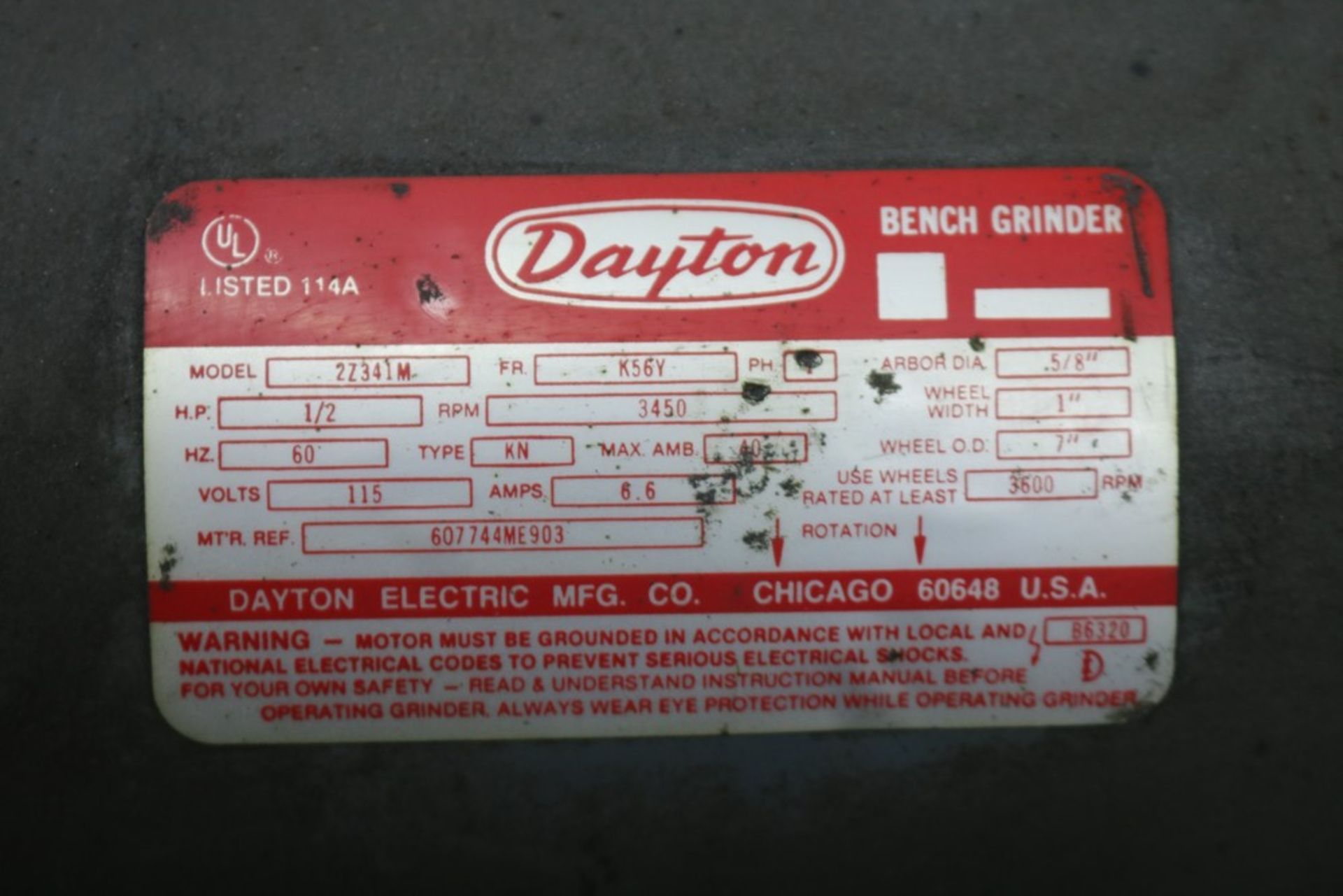 Dayton 7" Bench Grinder 1/2 HP on Heavy Duty Stand, Model 2Z341 M - Image 3 of 6