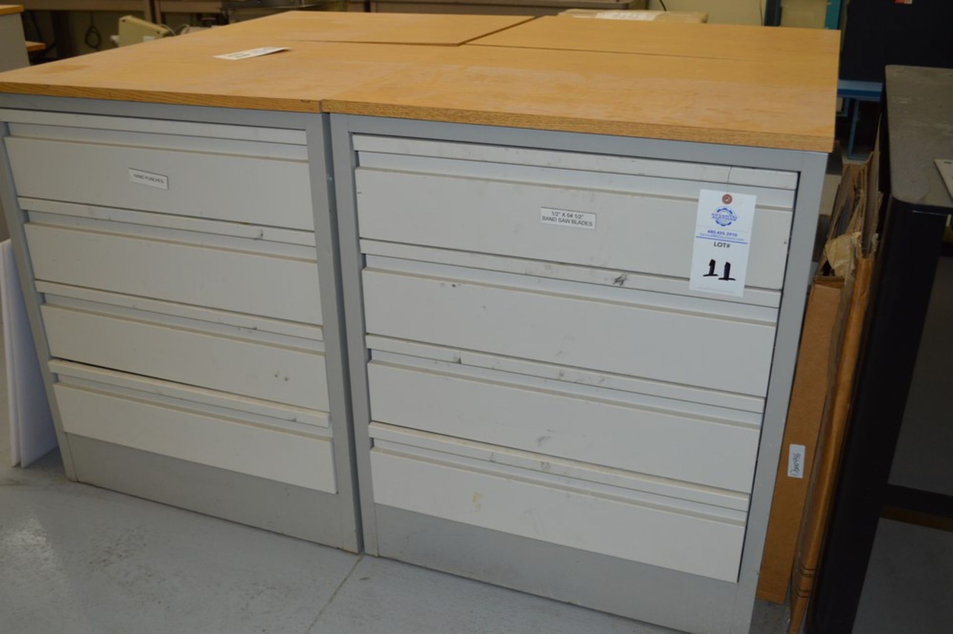 (3) 4 Drawer Metal Cabinets with wood finished formica tops, 24" x 30.5", 36.5" Tall