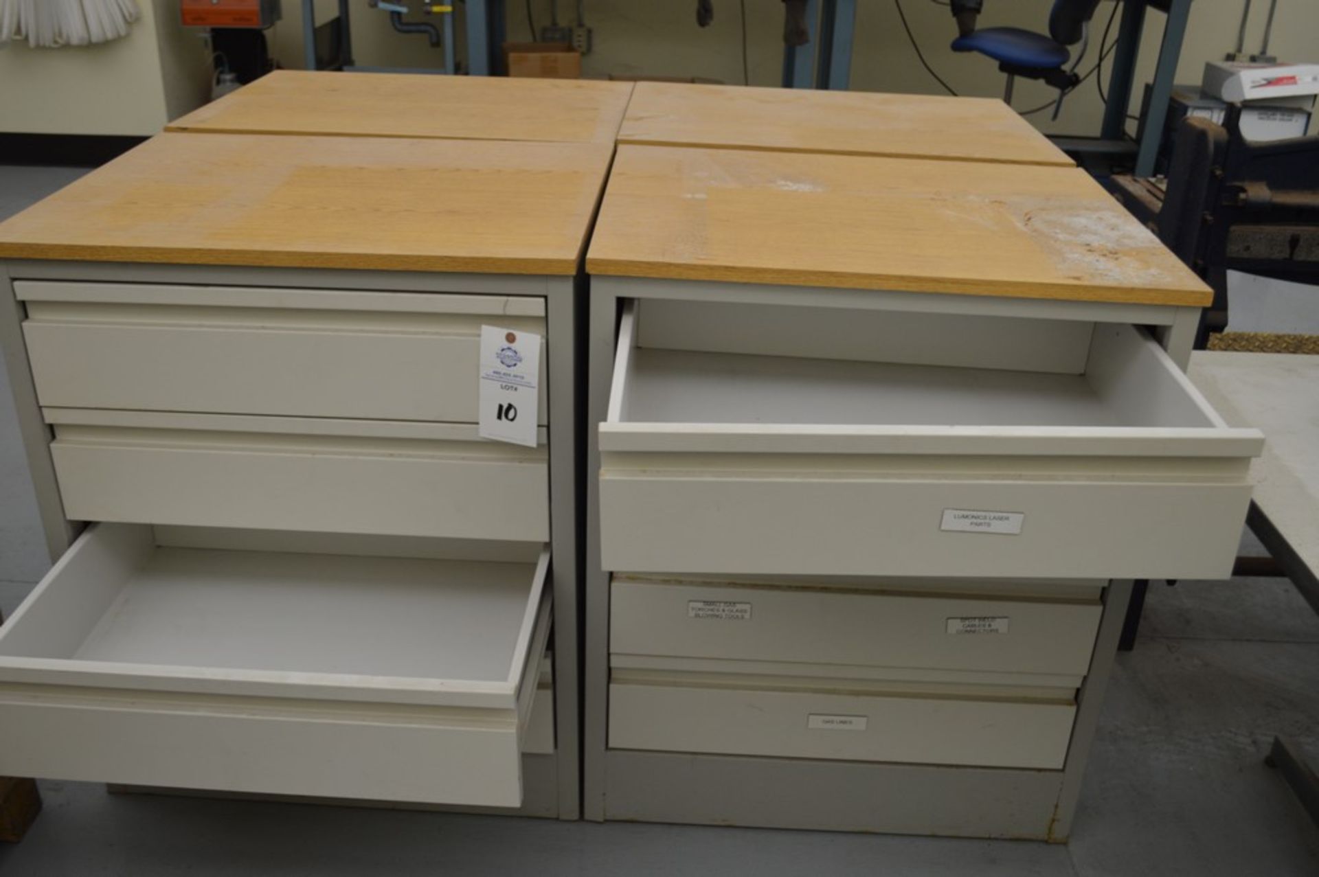 (3) 4 Drawer Metal Cabinets with wood finished formica tops, 24" x 30.5", 36.5" Tall - Image 3 of 5