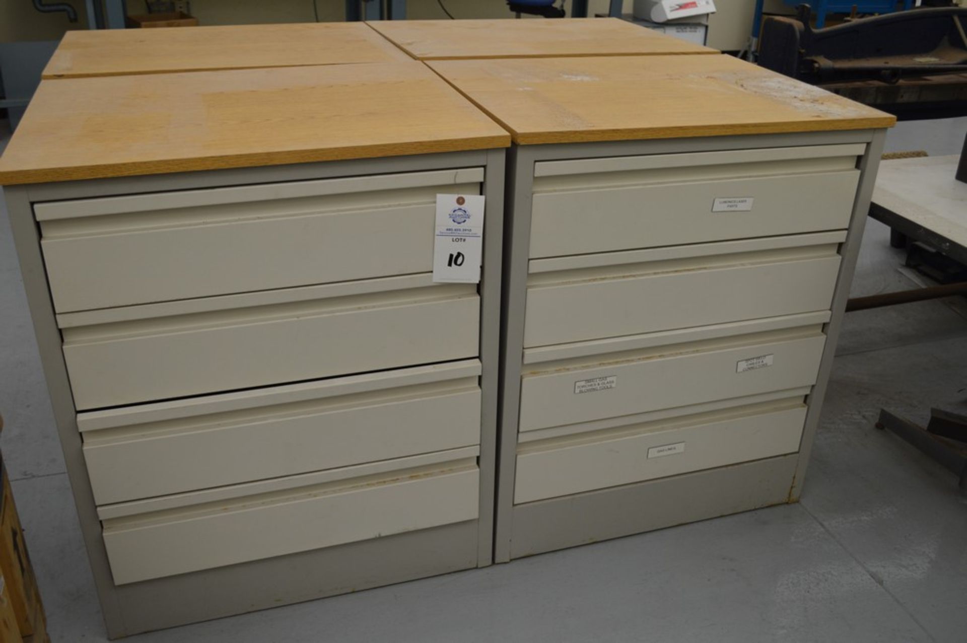 (3) 4 Drawer Metal Cabinets with wood finished formica tops, 24" x 30.5", 36.5" Tall