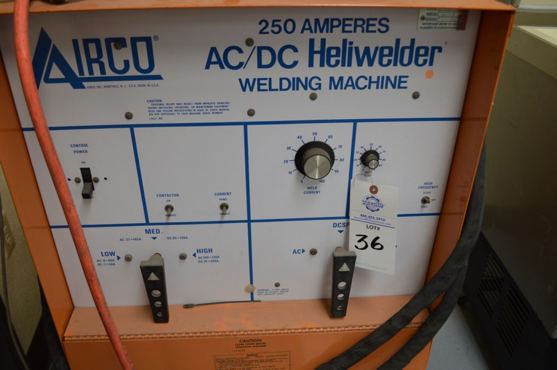 Airco AC/DC Heliwelder, 250 amp welder, AC/DC Tig welder, mounted on rolling steel cart - Image 3 of 5