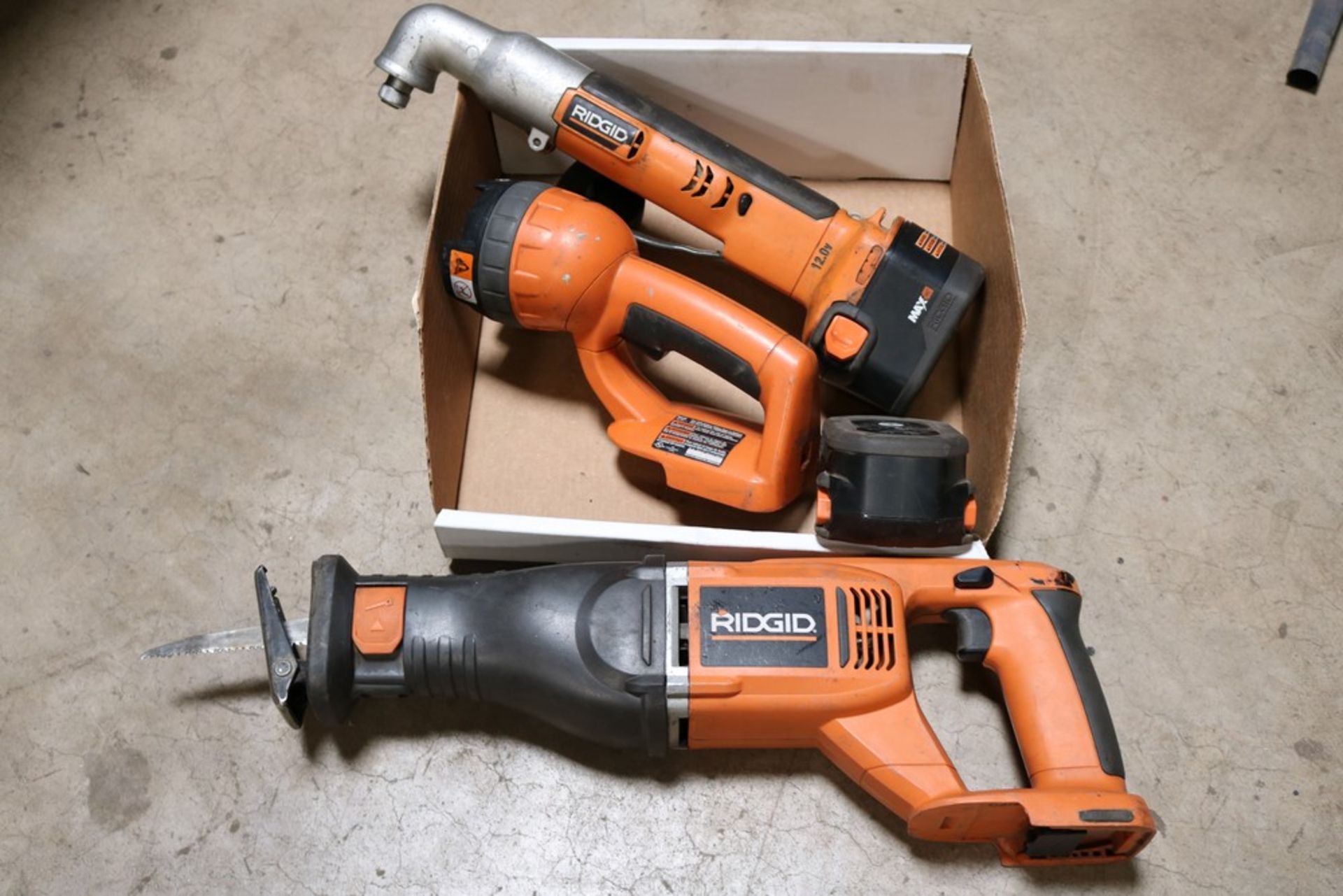 ridgid angle impact drill, ridgid r844 jig saw, ridgid flashlight w/ 2 batteries, no charger