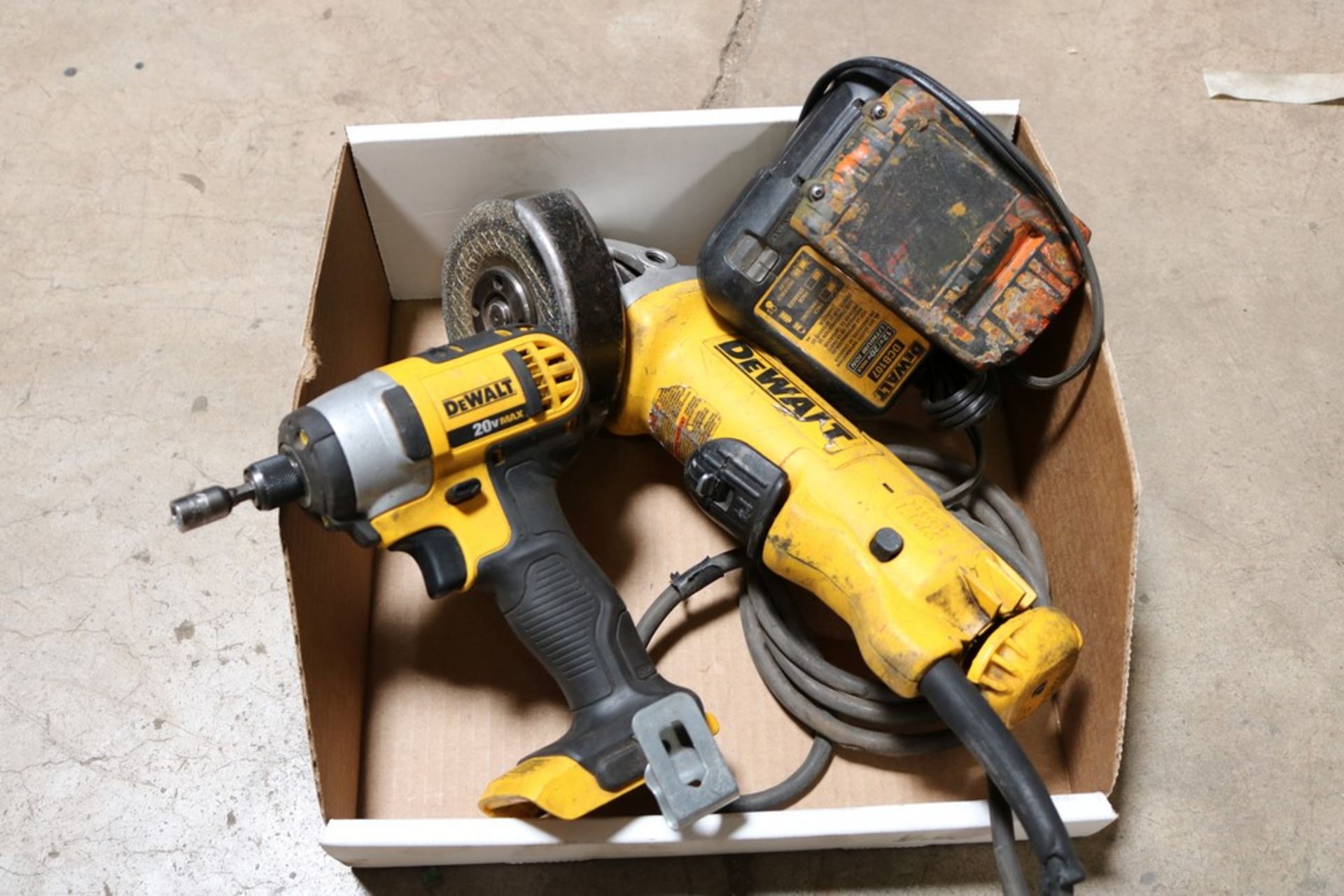 dewalt 4/5'' angle grinder, dewalt 20v impact driver w/ battery and charger, dewalt 20v max drill