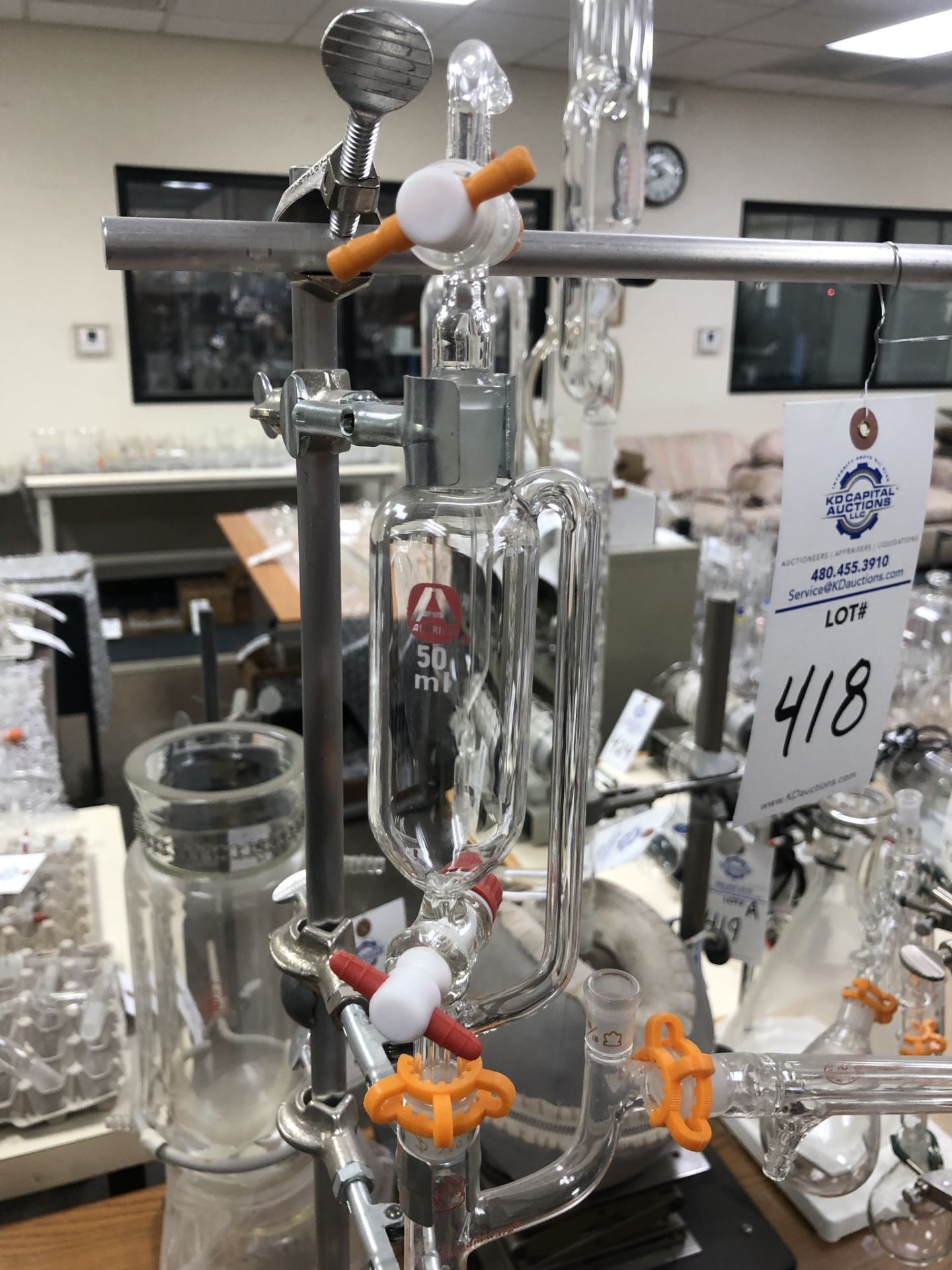 Custom Made rack ring stand holding a complete 14/20 groundglass vacuum distillation apparatus as - Image 2 of 19