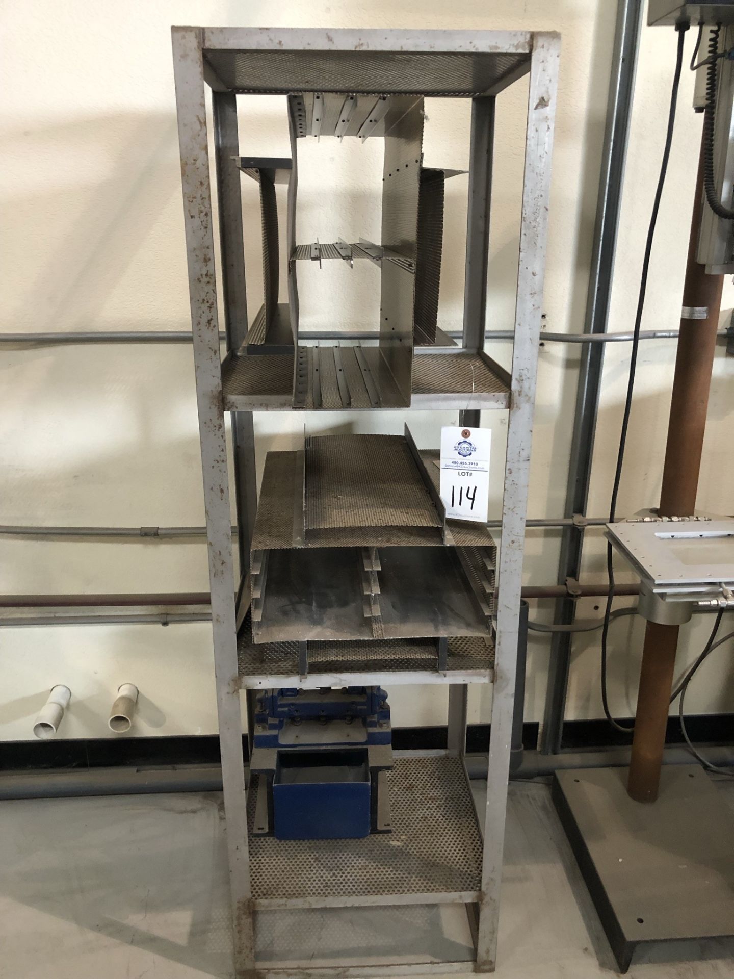 SS shelving unit with misc. furnace fixtures, 6" Pexto hand shear