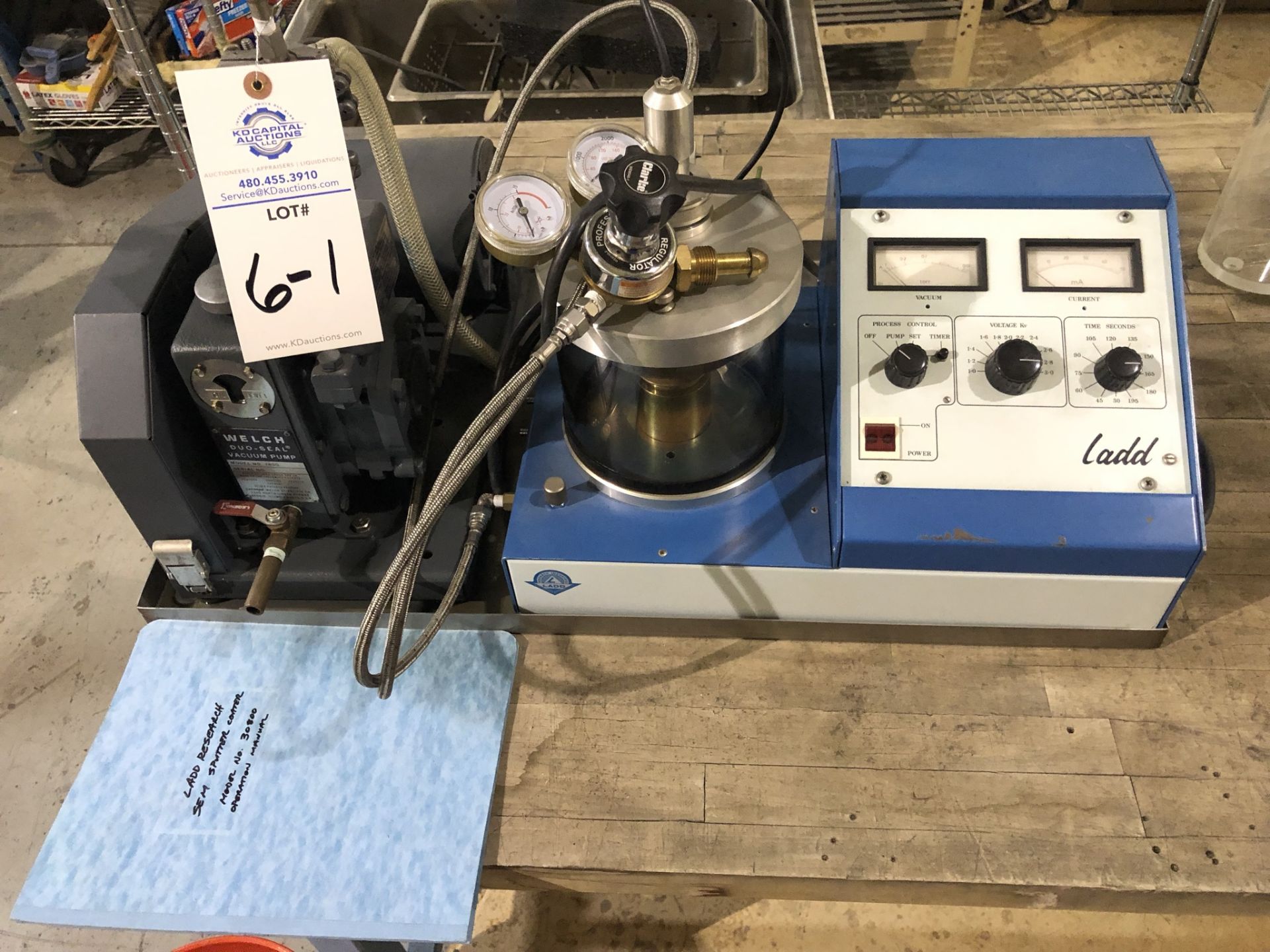 Ladd Sputter Coater for SEM sample preparation, Welch 1400 Duo Seal two stage vacuum pump