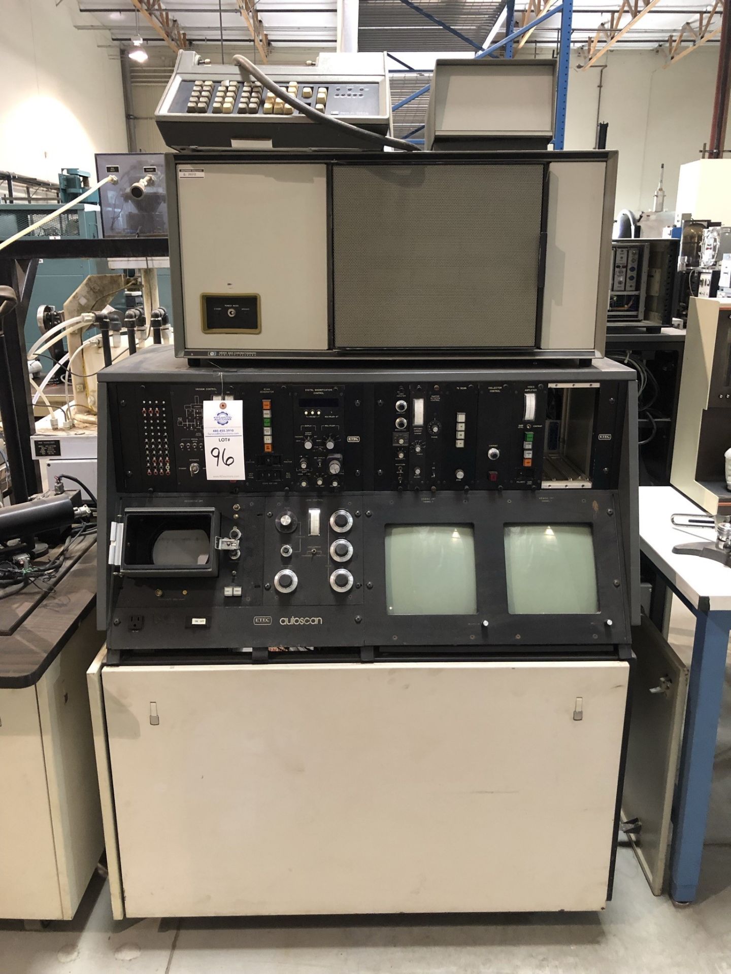 ETEC Autoscan SEM control console, Hewlett Packard model 5830A gas chromatograph system. (See