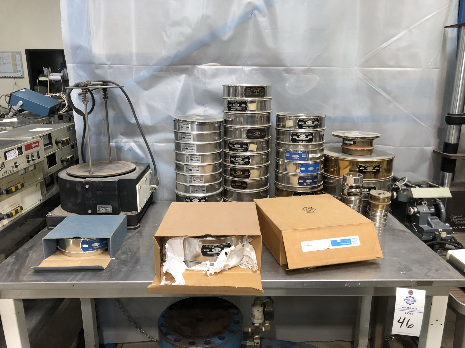 FMC/Syntron RoTap Style Test Sieve Shaker with a large lot of ASTM E-11 Test Sieves. Includes