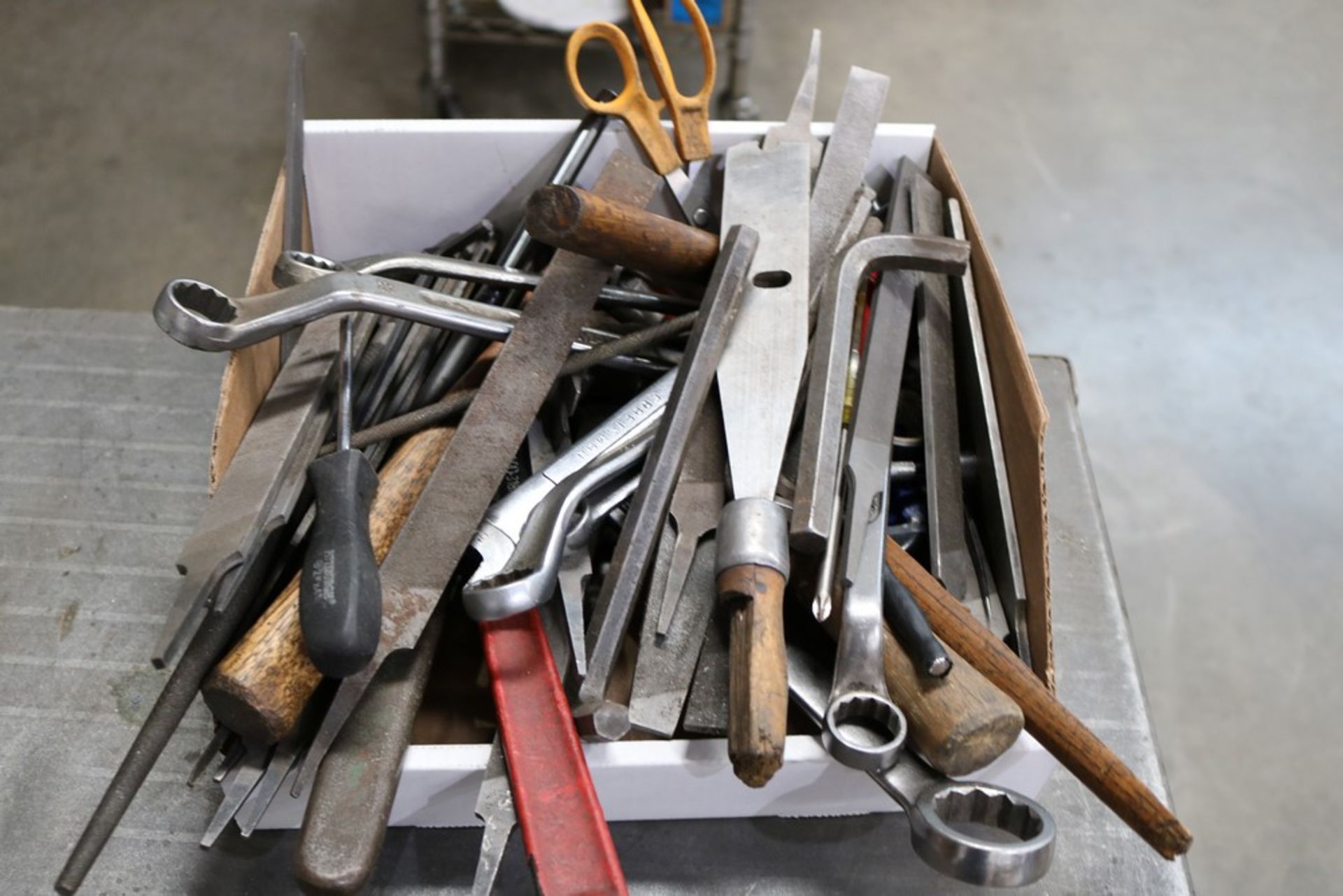 Box of Various Hand tools, Wrenches, Files, Hammers, Etc