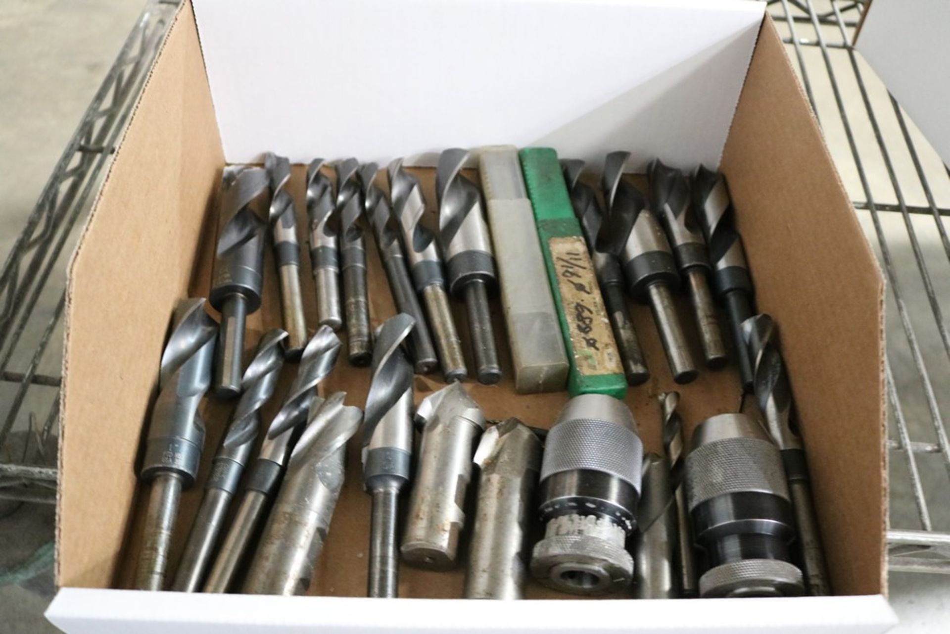 Box of Various Drills, End Mills, and Jacob Chuck Holders