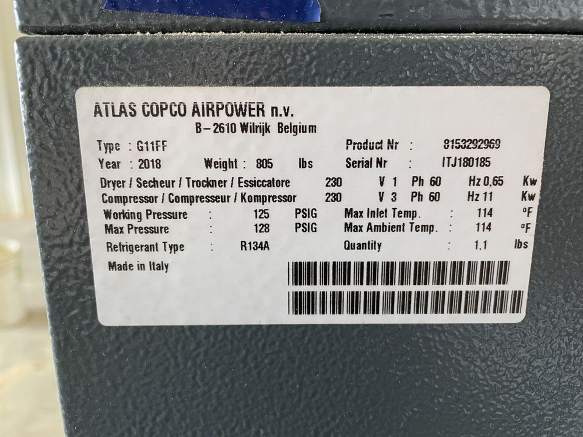 2018 Atlas Copco G11FF 15 HP Air Compressor. SN ITJ180185, Year 2018. Equipped with 125 PSI - Image 5 of 5