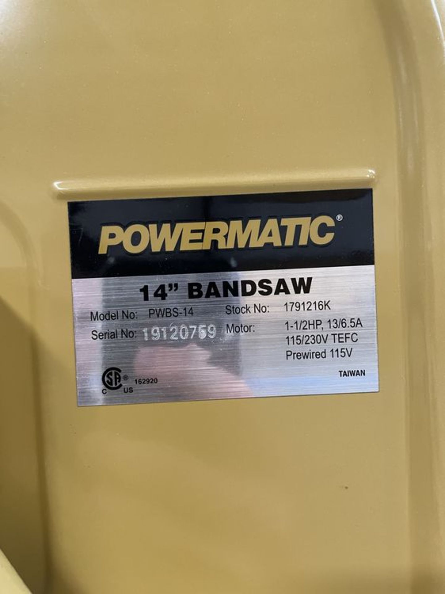 2019 Powermatic PWBS-14 14" Vertical Bandsaw. SN 19120769, Year 2019. Equipped with 1.5 HP motor, - Image 7 of 7