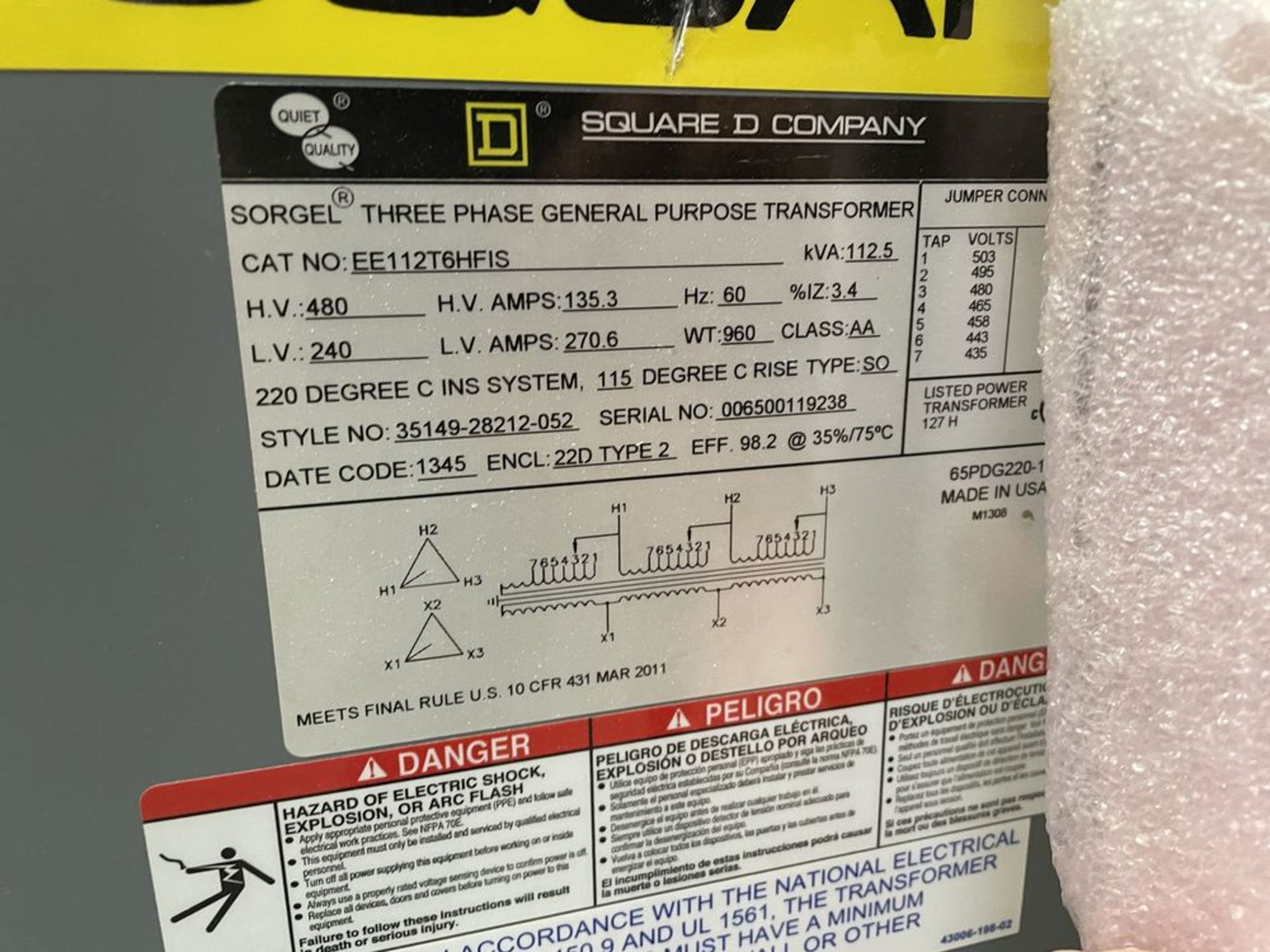 Square D 112.5 KVA 480V High to 240V Low Transformer. - Image 2 of 2