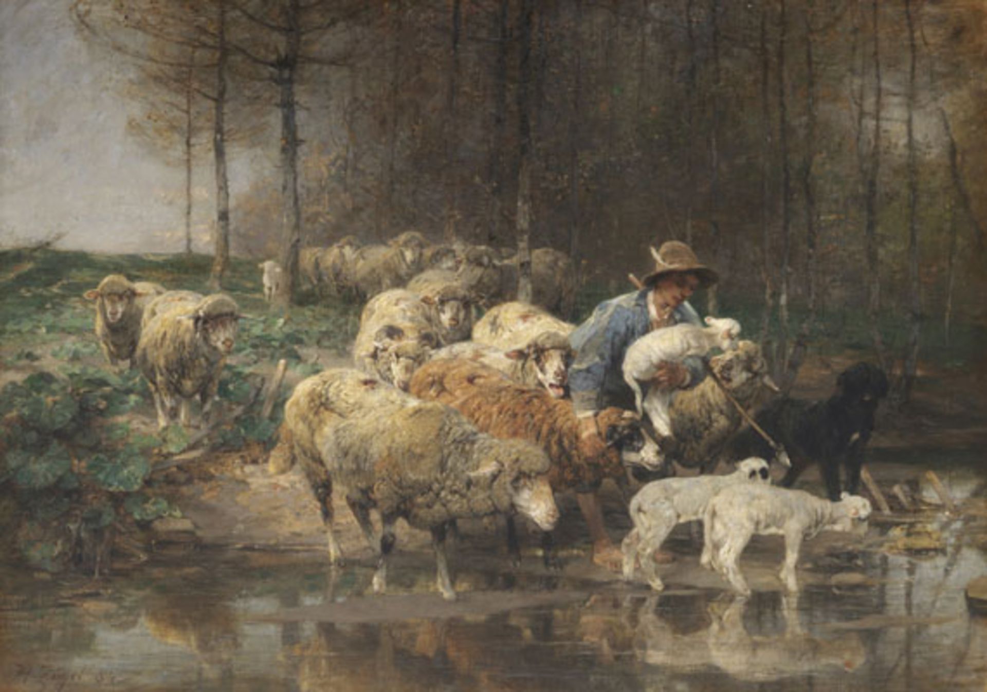 Heinrich von Zügel - Schäfer mit Herde am Wasser - Öl auf Leinwand - 1884