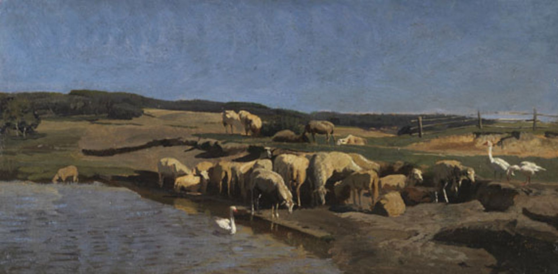 Johann Baptist Hofner - Oberbayerische Landschaft mit Schafen an der Tränke - Öl - 1870