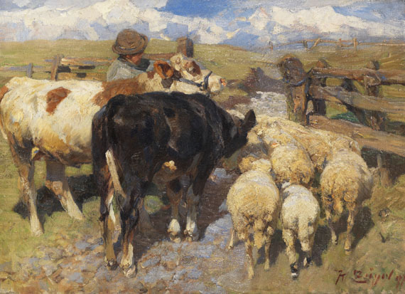 Heinrich von Zügel 1850 Murrhardt - 1941 München Kühe und Schafe am Gatter. 1897. Öl auf Leinwand.