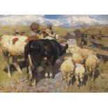 Heinrich von Zügel 1850 Murrhardt - 1941 München Kühe und Schafe am Gatter. 1897. Öl auf Leinwand.