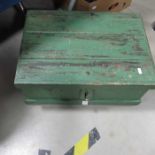 A green painted wooden work box with metal hasp, 5